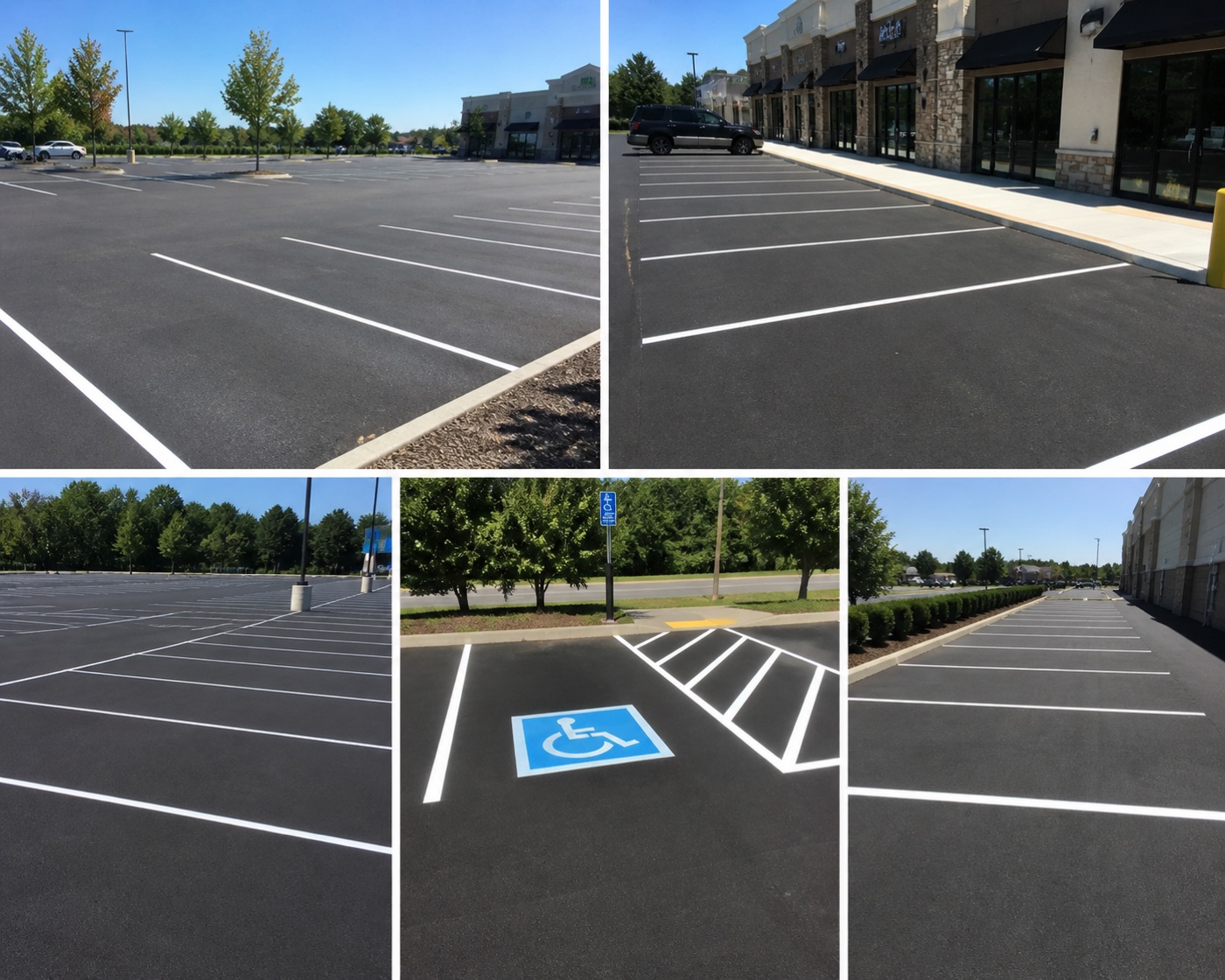 New parking lot striping with crisp white lines and ADA markings